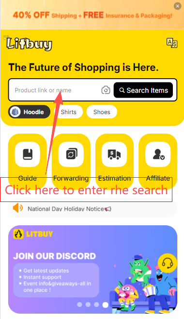 Litbuy app homepage in 2026 showing the product search bar and trending categories including Sneakers, Labubu, Jerseys, Hoodies, and Accessories — international buyers from the US, UK, Australia, and Europe can browse and order from Chinese platforms like Taobao, 1688, and Weidian through Litbuy