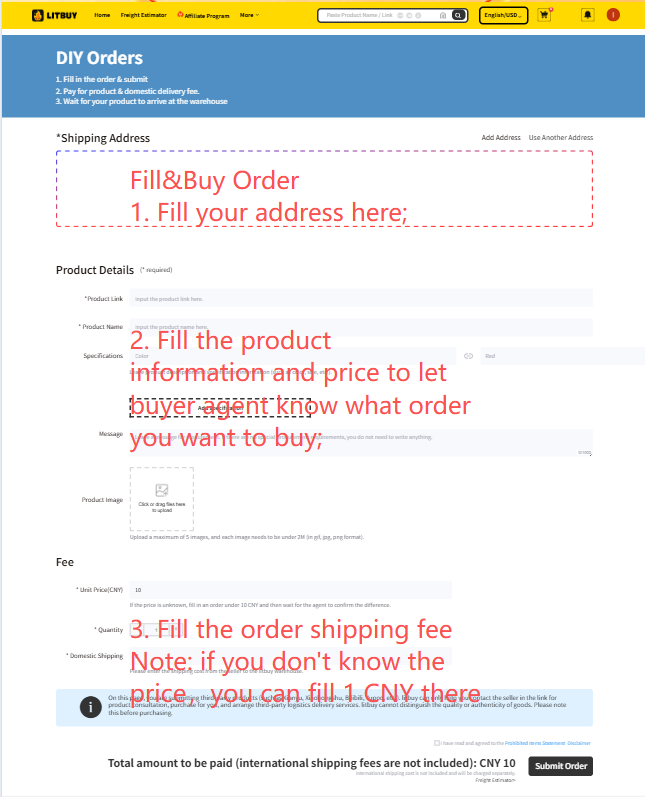 Litbuy order options form — choose the correct color swatch, size such as S, M, L, XL, XXL, or XXXL, and quantity, and add any special notes for the Litbuy buying agent before clicking Purchase Now to proceed to order confirmation