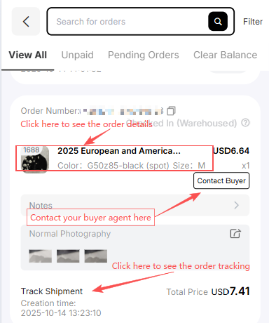 Litbuy My Orders page after payment showing order number and status — tabs View All, Unpaid, Pending Orders, and Clear Balance let buyers monitor whether Litbuy has placed the order; tap any order number to expand tracking details and check the current processing stage