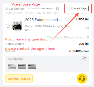 Litbuy Warehouse page showing a stored item with quality inspection photos uploaded by warehouse staff — international buyers can review QC photos to verify product condition, tap Contact Buyer to flag any issues, or select the item to create a parcel for international shipping to the US, UK, Australia, or Europe