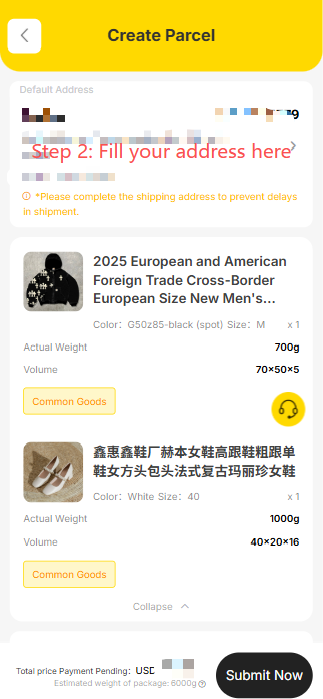 Litbuy Create Parcel page showing warehouse items selected for international shipping — buyers choose which items to bundle into one parcel, pick a packing method such as carton packaging, and select a shipping line for delivery to countries like the US, UK, Germany, Australia, or Canada