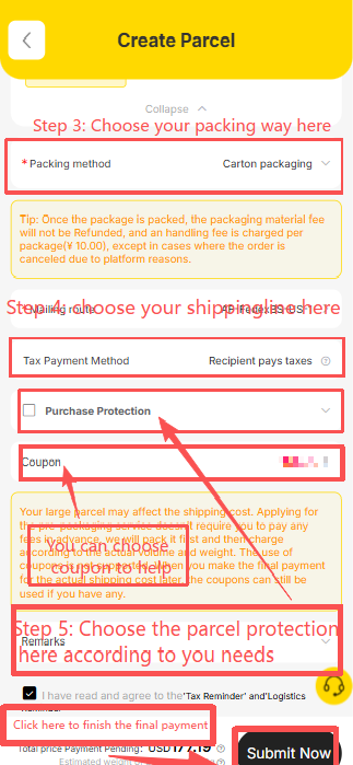 Litbuy parcel submission details page — confirm the delivery address, packing method such as carton packaging for fragile items, selected international shipping line, coupon discount, and estimated freight fee before tapping Submit Now to pay the deposit and dispatch the parcel from Litbuy's China warehouse