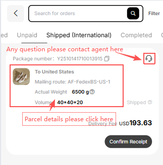 Litbuy Parcel page showing international shipment tracking with mailing route AF-FedEx-BS-US-1, actual parcel weight 6500g, and international delivery fee USD 193.63 — buyers can follow real-time shipping updates for their order from China to the US, UK, Australia, or other international destinations