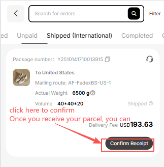 Litbuy Parcel page under the Shipped International tab showing package details including mailing route AF-FedEx-BS-US-1, actual parcel weight 6500g, international delivery fee USD 193.63, and the Confirm Receipt button — tap Confirm Receipt after the parcel arrives in the US, UK, Australia, or Europe to officially complete the Litbuy order