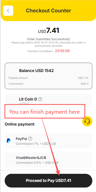 Litbuy checkout page showing payment options including account balance, Lit Coin credits, PayPal with 7 percent commission plus USD 0.38, and Visa MasterCard JCB with 5.5 percent commission — click Proceed to Pay to authorize Litbuy to purchase the item from the Chinese seller